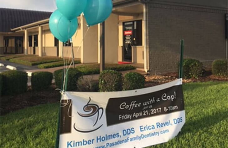 Coffee with a cop banner outside the dental office