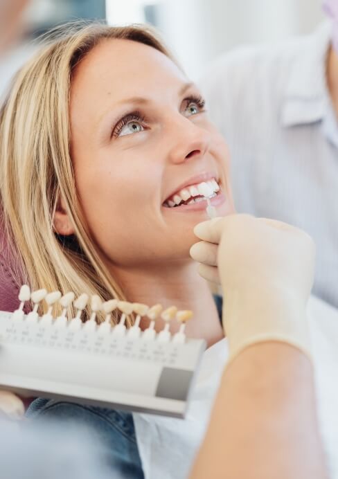 Woman's smile compared with veneer color option