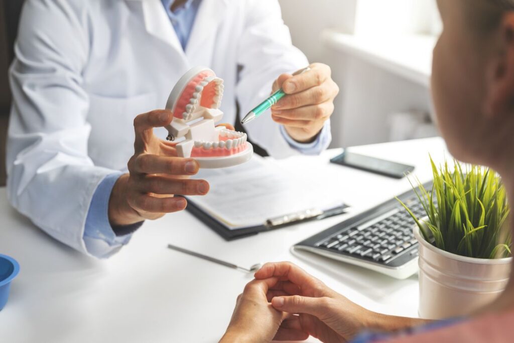 A dentist showing a patient a model of the teeth and gums.