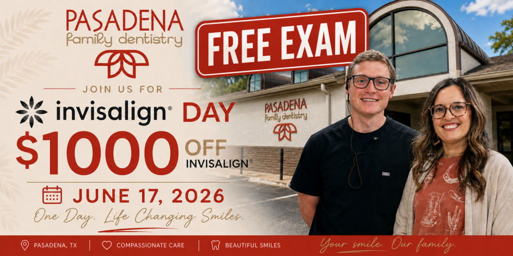 Promotional for Pasadena Dental Family offering a free dental exam to new patients.